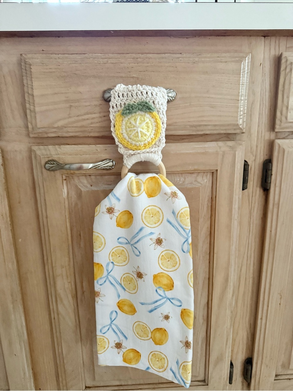 Handmade Crochet Lemon Kitchen Hanging Towel Cotton Yellow Blue Cottagecore